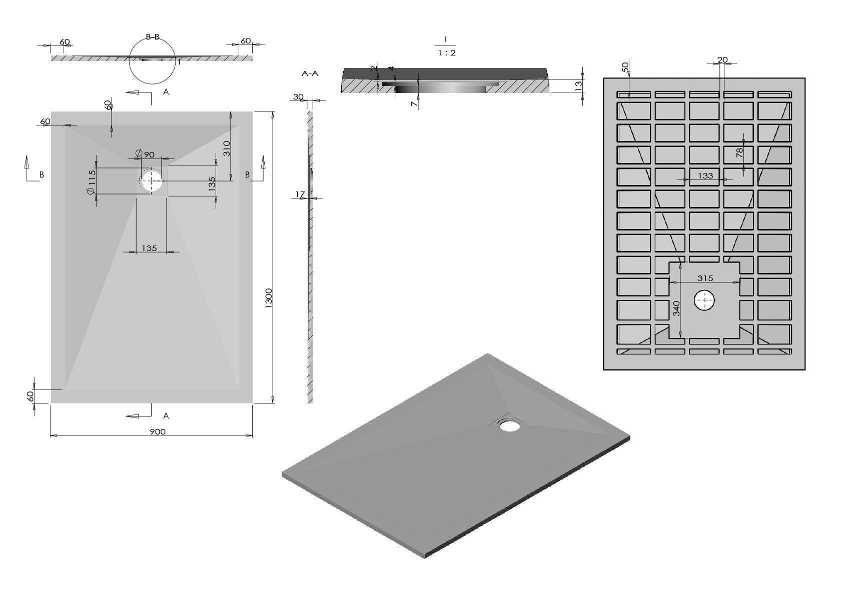 Поддон для душа из искусственного камня VST-4SR9013G, 1300*900*30, серый - Gidratop.ru изображение
