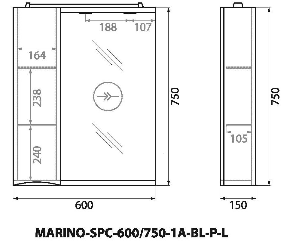 MARINO Шкаф зеркальный подвесной с одной распашной дверцей с доводчиками, LED 2x4W, левосторонний, Bianco Lucido, 600х150х750, MARINO-SPC-600/750-1A-BL-P-L - Gidratop.ru изображение