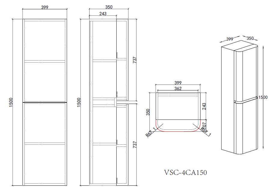 Шкаф Caprise VSC-4CA150MG-R подвесной, правый, 1500*404*350, серый матовый - Gidratop.ru изображение