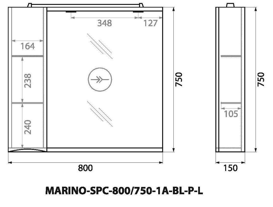 MARINO Шкаф зеркальный подвесной с одной распашной дверцей с доводчиками, LED 2x4W, левосторонний, Bianco Lucido, 800х150х750, MARINO-SPC-800/750-1A-BL-P-L - Gidratop.ru изображение