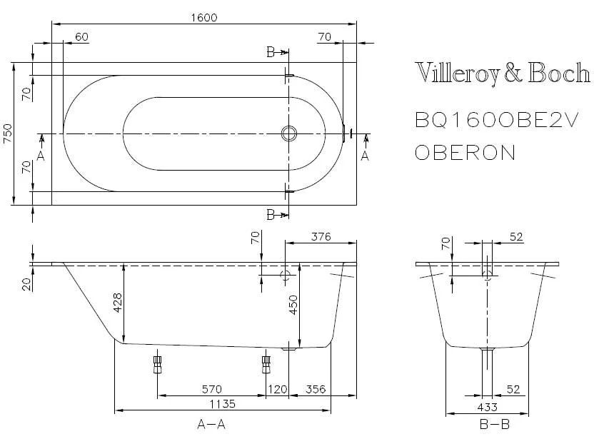 Квариловая ванна Villeroy&Boch Oberon 160 x 75 см, белый alpin, UBQ160OBE2V-01 - Gidratop.ru изображение