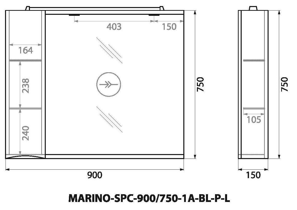 MARINO Шкаф зеркальный подвесной с одной распашной дверцей с доводчиками, LED 2x4W, левосторонний, Bianco Lucido, 900х150х750, MARINO-SPC-900/750-1A-BL-P-L - Gidratop.ru изображение