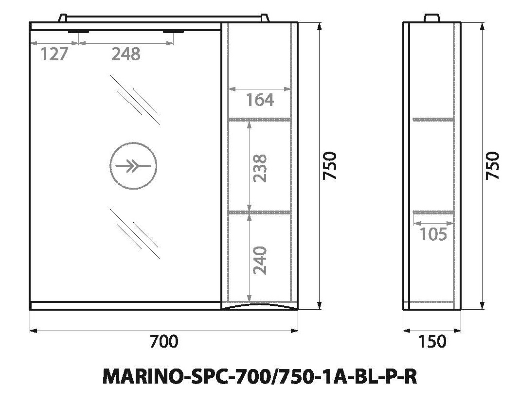 MARINO Шкаф зеркальный подвесной с одной распашной дверцей с доводчиками, LED 2x4W, правосторонний, Bianco Lucido, 700х150х750, MARINO-SPC-700/750-1A-BL-P-R - Gidratop.ru изображение