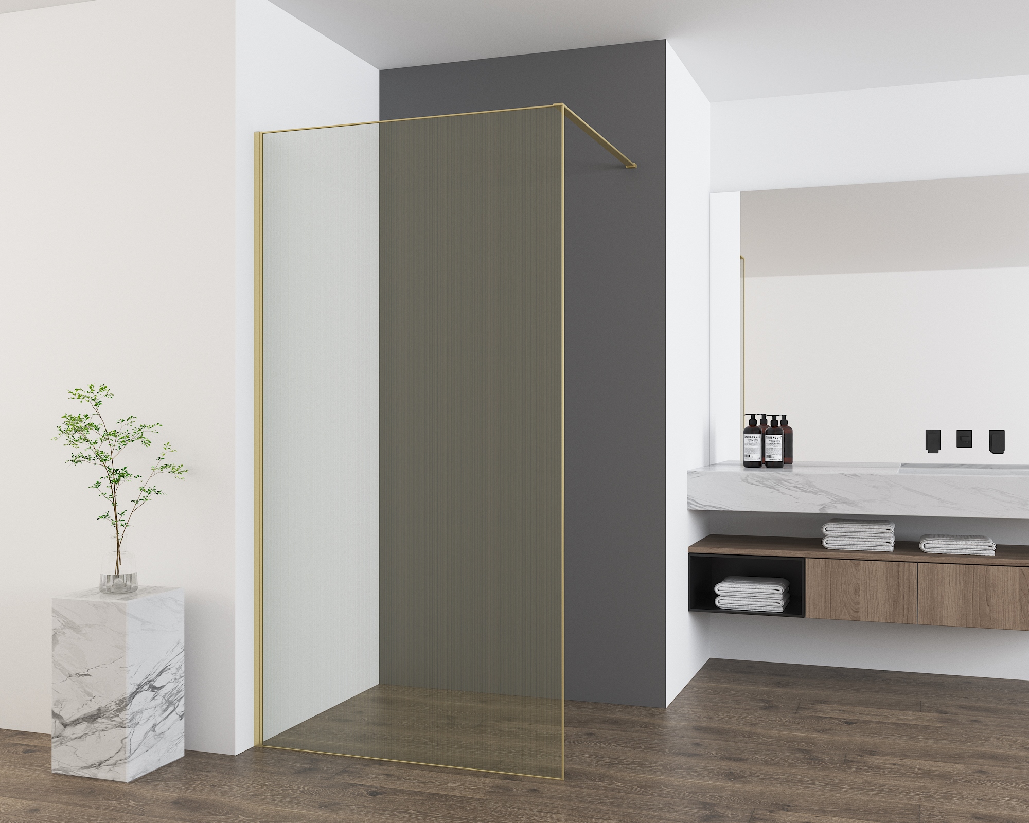 Душевая перегородка Walk-In VSW-7HS100GWG, 1000*2000, браш.золото, стекло ламинир. с золотыми нитями - Gidratop.ru изображение