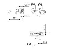 LEAF-BLI2-20-L-MM Смеситель для раковины встраиваемый однорычажный, на два отверстия, длина излива 20 см, исполнение Morning Mist - Gidratop.ru изображение