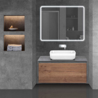 База под накладную раковину Mesa 1000 подвесная, 1 выкатной/1 скрытый ящик soft close, T.Oak + Beton - Gidratop.ru изображение